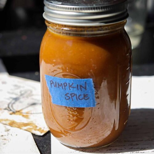 hero image of mason jar of vegan pumpkin spice syrup